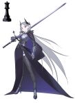  1girl absurdres armor breastplate cape chess_piece closed_mouth contrapposto crown full_body grey_hair high_heels highres holding holding_sword holding_weapon long_hair long_skirt long_sword looking_at_viewer milim_nova original over_shoulder personification pointy_ears purple_cape purple_eyes purple_skirt rook_(chess) simple_background skirt solo standing sword thighhighs two-sided_cape two-sided_fabric very_long_hair weapon weapon_over_shoulder white_background zweihander 