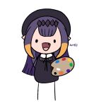  1girl :d black_dress chibi dress fang hat hololive neck_ribbon ninomae_ina&#039;nis open_mouth palette_(object) pointy_ears purple_hair ribbon simple_background smile solo white_background yair_54 