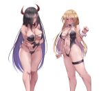  2girls alternate_costume arms_under_breasts azur_lane bismarck_(azur_lane) black_hair blonde_hair blue_eyes breasts cleavage contrapposto covered_navel detached_collar feet_out_of_frame filin friedrich_der_grosse_(azur_lane) hair_between_eyes hair_over_one_eye highleg highres horns leaning_forward leotard long_hair looking_at_viewer mechanical_horns meme_attire multiple_girls nontraditional_playboy_bunny playboy_bunny red_horns see-through see-through_leotard simple_background standing strapless strapless_leotard thigh_strap translucent_bunnysuit very_long_hair white_background wrist_cuffs yellow_eyes 