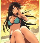  bikini brown_hair highres kotegawa_yui long_hair orange_eyes scan side-tie_bikini sitting solo sunset suwa_masahiro swimsuit to_love-ru 