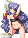  bell black_panties blue_hair dual_wielding facial_mark fan flat_chest folding_fan forehead_mark holding horn jingle_bell long_hair muscle navel one_eye_closed panties solo standing super_robot_wars super_robot_wars_og_saga_mugen_no_frontier suzuka_hime taro underwear yellow_eyes 