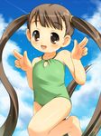  akiba_hideki brown_eyes brown_hair casual_one-piece_swimsuit child condensation_trail day gesture highres long_hair moriguchi_yuuichi nyomi one-piece_swimsuit petopetosan smile solo swimsuit twintails very_long_hair waving 