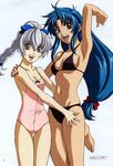  arm_up armpits bikini blue_hair braid brown_eyes chidori_kaname full_metal_panic! grey_hair highres horiuchi_osamu long_hair low-tied_long_hair multiple_girls official_art swimsuit teletha_testarossa 