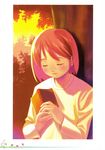  blush book closed_eyes copyright_request highres koutaro nature pink_hair short_hair smile solo sunset 