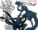  baton black_hair blue_eyes blue_footwear blue_hair boots cane ciel_phantomhive eyepatch formal gloves gothic hat high_heels kuroshitsuji male_focus multiple_boys official_art red_eyes sebastian_michaelis shoes skull suit toboso_yana top_hat trench_coat tuxedo tuxedo_jacket 