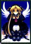  angel_wings black_legwear blonde_hair blue_eyes cross highres kneeling latin_cross long_hair monochrome_(game) necktie solo suzuhira_hiro thighhighs two_side_up wings yun_(monochrome) 