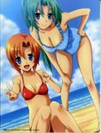  :d asymmetrical_bangs bangs barefoot beach bent_over bikini blue_eyes blue_sky blue_swimsuit blush breasts card_(medium) casual_one-piece_swimsuit cleavage cloud cloudy_sky day dutch_angle frilled_swimsuit frills green_hair hand_on_hip hand_on_own_knee high_ponytail highres higurashi_no_naku_koro_ni knees_together_feet_apart large_breasts light_smile long_hair looking_at_viewer multiple_girls o-ring o-ring_bikini o-ring_top ocean official_art on_ground one-piece_swimsuit open_mouth orange_hair outdoors outstretched_arm parted_bangs ponytail print_swimsuit rato red_bikini rounded_corners ryuuguu_rena scan short_hair sitting sky small_breasts smile sonozaki_mion strap_pull swimsuit v very_long_hair water watermark 