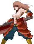  breasts brown_eyes brown_hair huge_weapon large_breasts long_hair monster_hunter solo tansuke topless torn_clothes weapon 
