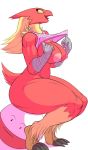  anthro avian big_breasts blaziken blue_eyes bottomless breasts clothed clothing clothing_lift danonymous electrode female feral hair looking_at_viewer muscular muscular_female nintendo nipples nude pok&eacute;mon pok&eacute;mon_(species) shirt shirt_lift simple_background sitting smile solo video_games 