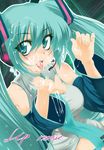  cum cum_in_mouth cum_on_tongue detached_sleeves facial green_eyes green_hair green_nails happy happy_facial hatsune_miku headset long_hair mochi_(circle_rin) nail_polish solo tongue twintails vocaloid 