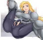  anus armor artist_request ass blonde_hair gloves green_eyes highres janne_d'arc knight legs long_hair masturbation pussy snk solo spandex spread_legs world_heroes 