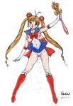  back_bow bishoujo_senshi_sailor_moon blue_sailor_collar blue_skirt boots bow breasts choker full_body holding holding_wand jinjin knee_boots long_hair magical_girl medium_breasts miniskirt pussy pussy_juice red_bow red_choker sailor_collar sailor_moon sailor_senshi_uniform skirt solo spiral_heart_moon_rod tsukino_usagi twintails very_long_hair wand 