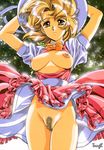  arms_up blonde_hair breasts breasts_outside copyright_request cowboy_shot dress floating_hair hands_on_own_head hat highres large_breasts medium_breasts no_panties nude open_clothes outdoors pubic_hair shiny shiny_hair short_sleeves smile solo upskirt urushihara_satoshi wind wind_lift yellow_eyes 