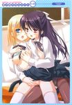  blonde_hair blue_eyes blush bra bra_lift breast_grab breasts copyright_request fingering grabbing highres kobuichi large_breasts lingerie multiple_girls nipples open_clothes open_mouth open_shirt panties pantyhose purple_hair pussy_juice pussy_juice_stain red_eyes saliva school_uniform shirt shirt_lift thighband_pantyhose thighhighs underwear wet wet_clothes wet_panties wet_pantyhose yuri 