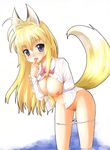  animal_ears bad_id bad_pixiv_id blonde_hair bow bowtie breast_hold breast_squeeze breasts enueichi finger_to_mouth fox_ears kanokon large_breasts long_hair minamoto_chizuru open_clothes open_shirt panties panty_pull purple_eyes shirt solo tail underwear 