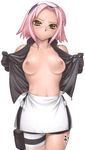  bike_shorts blush breasts gloves green_eyes haruno_sakura highres hiyohiyo medium_breasts miniskirt naruto naruto_(series) nipples no_bra open_clothes open_shirt pink_hair shirt short_hair shorts single_vertical_stripe skirt solo topless undressing 