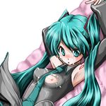  bad_id bad_pixiv_id between_breasts breasts cum detached_sleeves green_hair hatsune_miku long_hair lowres makishi_miya necktie nipples small_breasts solo torn_clothes twintails vocaloid 
