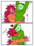  &lt;3 anthro blush bodily_fluids clothed clothing comic dandruff dog_tags duo embarrassed embrace ev_htf_(artist) female flaky_(htf) flippy_(htf) fur green_body green_fur hair happy_tree_friends hat headgear headwear hug long_hair long_sleeves male male/female mammal military_cap military_clothing off_shoulder porcupine red_body red_fur rodent smile surprise surprised_expression sweat sweatdrop sweater topwear ursid 