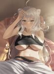  1girl ahoge animal_ears black_panties breasts collarbone crop_top eyebrows_visible_through_hair grey_hair highres hololive large_breasts lion_ears long_hair looking_at_viewer midriff navel nekorone0222 panties pants shishiro_botan smile solo sweatpants underboob underwear virtual_youtuber 