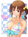  1girl absurdres bikini bow breasts brown_eyes brown_hair checkered_background collarbone heart highres idolmaster idolmaster_cinderella_girls kon5283 large_breasts polka_dot polka_dot_bow smile solo striped striped_bikini swimsuit totoki_airi twintails upper_body 