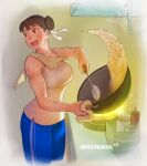  1girl absurdres bandaid bandaid_on_arm black_hair blue_pants breasts brown_eyes casual chun-li cleavage cooking double_bun english_commentary flipping_food food fried_rice hair_bun highres ladle large_breasts meme muscular muscular_female open_mouth pants quasimodox rice_wave_(meme) short_hair solo stove street_fighter striped sweat tank_top towel towel_on_one_shoulder turning_head vertical_stripes wok yoga_pants 