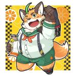  2022 anthro belly big_belly blush bottomwear canid canine clothing fox humanoid_hands iyo_(tamacolle) kemono male mammal mijinko one_eye_closed overweight overweight_male shirt shorts solo suspender tamacolle topwear towel wink 