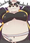  2022 anthro belly big_belly black_body black_nose blush giant_panda hi_res humanoid_hands kemono male mammal moobs navel nipples overweight overweight_male shirokumaou solo ursid white_body yellow_eyes 