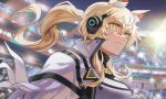  1girl animal_ear_fluff animal_ears arknights bangs blonde_hair breasts closed_mouth commentary_request crowd eyebrows_visible_through_hair hair_between_eyes headset horse_ears implied_extra_ears large_breasts long_hair memetaroh nearl_(arknights) nearl_the_radiant_knight_(arknights) ponytail serious sidelocks signature solo_focus stadium upper_body v-shaped_eyebrows yellow_eyes 