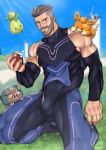  1boy absurdres bara beard black_bodysuit bodysuit bulge closed_mouth facial_hair highres holding holding_poke_ball kneeling large_pectorals lechonk looking_at_viewer male_focus multicolored_bodysuit multicolored_clothes muscular muscular_male outdoors pawmi pectorals pink_bodysuit poke_ball pokemon pokemon_(creature) pokemon_(game) pokemon_sv purple_bodysuit short_hair sky smoliv suyohara turo_(pokemon) undercut 