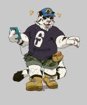  2022 anthro bottomwear cellphone clothing felid hat headgear headphones headwear hi_res kemono kounfuyu male mammal overweight overweight_male pantherine phone pink_nose shirt shorts smartphone solo text text_on_clothing text_on_shirt text_on_topwear tiger topwear white_body 