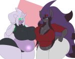  2022 anthro big_breasts black_bottomwear black_clothing black_hair black_pants black_topwear bottomwear breast_squish breasts canid canine canis cleavage clothed clothing curvy_figure dewwydarts duo eye_contact female female/female fur goodra grey_body grey_fur hair hand_on_hip hi_res huge_breasts long_hair looking_at_another mammal multicolored_body multicolored_hair navel nea_(dewwydarts) nintendo olivia_(dewwydarts) open_mouth overweight overweight_anthro overweight_female pants pok&eacute;mon pok&eacute;mon_(species) purple_body purple_hair red_clothing red_topwear shiny_pok&eacute;mon simple_background simple_eyes squish teal_eyes thick_thighs topwear two_tone_body two_tone_hair video_games voluptuous white_body white_bottomwear white_clothing white_hair white_pants wide_hips zoroark 