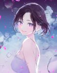  1girl bangs bare_shoulders blue_eyes blurry blurry_background blush breasts brown_hair bubble camisole cloud gomzi looking_at_viewer looking_back medium_breasts original parted_lips petals short_hair sky smile solo spaghetti_strap white_camisole 
