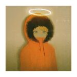  1boy absurdres bangs blonde_hair border eyelashes fur-trimmed_jacket fur_trim highres hood hood_up jacket kenny_mccormick male_focus multicolored_eyes orange_jacket simple_background solo south_park upper_body white_border yatatashira 