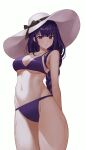  1girl absurdres bangs bare_arms bare_shoulders bikini black_bow bow breasts cleavage commentary_request cowboy_shot genshin_impact hat hat_bow hee_(user_ykux4248) highres large_breasts long_hair looking_at_viewer navel purple_bikini purple_eyes purple_hair raiden_shogun simple_background solo standing stomach sun_hat sweat swimsuit thighs white_background white_headwear 