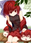  1girl :o black_shirt bow breasts cape closed_eyes disembodied_head drooling eyebrows_visible_through_hair grass hair_bow knees_together_feet_apart lap_pillow long_sleeves looking_down mouth_drool off_shoulder open_mouth outdoors red_eyes red_hair red_skirt sekibanki shirt short_hair sitting skirt sleeping smile touhou zetsumame 