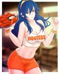  1girl absurdres alternate_costume bangs blue_eyes blue_hair blurry blurry_background border breasts chicken_(food) cleavage contrapposto cowboy_shot crop_top fire_emblem fire_emblem_awakening food gold_hairband hair_between_eyes hands_up highres holding holding_tray hooters long_hair looking_at_viewer lucina_(fire_emblem) medium_breasts midriff navel orange_shorts sauce short_shorts shorts sidelocks solo stomach symbol_in_eye tank_top thighs tiara tray truejekart waitress wavy_hair white_border white_tank_top wristband 