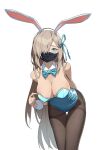  1girl animal_ears asuna_(blue_archive) asuna_(bunny)_(blue_archive) bare_shoulders bent_over blue_archive blue_bow blue_bowtie blue_eyes blue_leotard bow bowtie breasts brown_legwear cleavage deatheach detached_collar fake_animal_ears hair_over_one_eye hairband highres large_breasts leotard light_brown_hair long_hair looking_at_viewer mask mole mole_on_breast mouth_mask official_alternate_costume pantyhose rabbit_ears simple_background solo strapless strapless_leotard thigh_gap thighband_pantyhose very_long_hair white_background white_hairband wrist_cuffs 