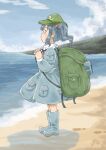  1girl backpack bag blue_eyes blue_footwear blue_hair blue_sky boots chii-kun_(seedyoulater) cloud cloudy_sky day from_side full_body green_headwear hair_bobbles hair_ornament hat highres horizon kawashiro_nitori long_sleeves outdoors pocket profile rubber_boots short_hair signature skirt skirt_set sky solo touhou two_side_up water 