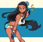  1girl absurdres aqua_hair armlet asymmetrical_bangs bangs bikini black_hair blue_eyes breasts dark-skinned_female dark_skin earrings gloves hair_bun highres hoop_earrings jewelry long_hair masgamjya multicolored_hair necklace nessa_(pokemon) pokemon pokemon_(game) pokemon_swsh single_hair_bun solo swimsuit tankini two-tone_hair 