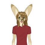  anthro black_lips brown_hair canid canine clothing countershading eyewear fennec fenneczephyr fox fur glasses green_eyes hair hi_res lips long_hair male mammal open_mouth red_clothing red_shirt red_topwear scar shirt skinny solo tan_body tan_fur tongue topwear zephyr_(fenneczephyr) 