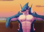  2021 581rsiy absurd_res anthro baten_(knights_college) blue_body boat cloudscape digital_drawing_(artwork) digital_media_(artwork) dragon fin half-length_portrait hi_res knights_college looking_at_viewer male multicolored_body muscular muscular_anthro muscular_male nipples nude open_mouth portrait pose sky solo sunset two_tone_body vehicle watercraft white_body yellow_eyes 