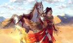  1girl absurdres black_hair blue_sky cape chi_lian_(qin_shi_ming_yue) cloud desert dress expressionless highres horse leash qin_shi_ming_yue red_dress sash shorts sky tail tong_sheng_tong_tu walking 