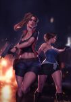  2girls bare_shoulders bike_shorts black_shirt black_skirt blue_eyes blue_shorts breasts brown_footwear brown_hair claire_redfield cleavage closed_mouth embers green_vest gun handgun highres holding holding_gun holding_weapon imi_uzi jill_valentine large_breasts midriff miniskirt multiple_girls navel open_clothes open_vest parted_lips personal_ami pistol ponytail resident_evil shirt short_hair short_shorts shorts signature skirt standing strapless submachine_gun tube_top vest weapon 
