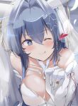  +_+ 1girl azur_lane blue_eyes blue_hair breasts bridal_veil cleavage dress gloves heart highres jewelry large_breasts looking_at_viewer new_jersey_(azur_lane) official_alternate_costume one_eye_closed pinky_out ring string string_of_fate tonchinkan tongue tongue_out veil wedding_dress 