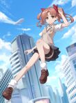  1girl aircraft blue_sky bow brown_eyes brown_footwear brown_hair brown_vest building cloud commentary dirigible full_body grey_skirt hair_bow hair_ornament highres loafers long_hair looking_at_viewer monane4 outdoors parted_lips red_bow school_uniform shirai_kuroko shirt shoes short_sleeves skirt sky skyscraper socks solo sweater_vest thigh_strap toaru_kagaku_no_railgun toaru_majutsu_no_index tokiwadai_school_uniform twintails vest white_legwear white_shirt 