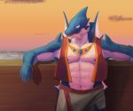  2021 581rsiy absurd_res anthro baten_(knights_college) blue_body boat bottomwear clothed clothing cloudscape digital_drawing_(artwork) digital_media_(artwork) dragon fin hi_res jewelry knights_college looking_at_viewer male multicolored_body muscular muscular_anthro muscular_male necklace nipples open_mouth portrait pose shorts sky solo sunset three-quarter_portrait topwear two_tone_body vehicle vest watercraft white_body yellow_eyes 