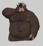  2022 absurd_res anthro belly big_belly black_body eyewear glasses hi_res lustyshu male mammal moobs navel nipples overweight overweight_male simple_background solo tongue tongue_out ursid 