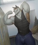  absurd_res anthro big_muscles bottomwear brown_body bulge canid canine canis chest_tuft clothing denim denim_clothing domestic_dog flexing haduko1 hi_res jeans looking_at_viewer male mammal muscular muscular_male pants shirt smile smiling_at_viewer solo tank_top topwear tuft 