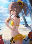  1girl absurdres ahoge aqua_eyes bangs bikini blush breasts brown_hair bubble_tea drinking eyebrows_visible_through_hair flower hair_between_eyes hair_ornament highres hololive looking_at_viewer medium_hair natsuiro_matsuri ribbon side_ponytail small_breasts solo swimsuit tan tanlines thomas_8000 virtual_youtuber 