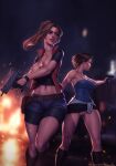  2girls bare_shoulders bike_shorts black_shirt black_skirt blue_eyes blue_shorts breasts breasts_out brown_hair claire_redfield cleavage closed_mouth embers green_vest gun handgun highres holding holding_gun holding_weapon imi_uzi jill_valentine large_breasts midriff miniskirt multiple_girls navel nipples no_panties open_clothes open_vest parted_lips personal_ami pistol ponytail pussy resident_evil shirt short_hair short_shorts shorts signature skirt standing strapless submachine_gun tube_top uncensored vest weapon 